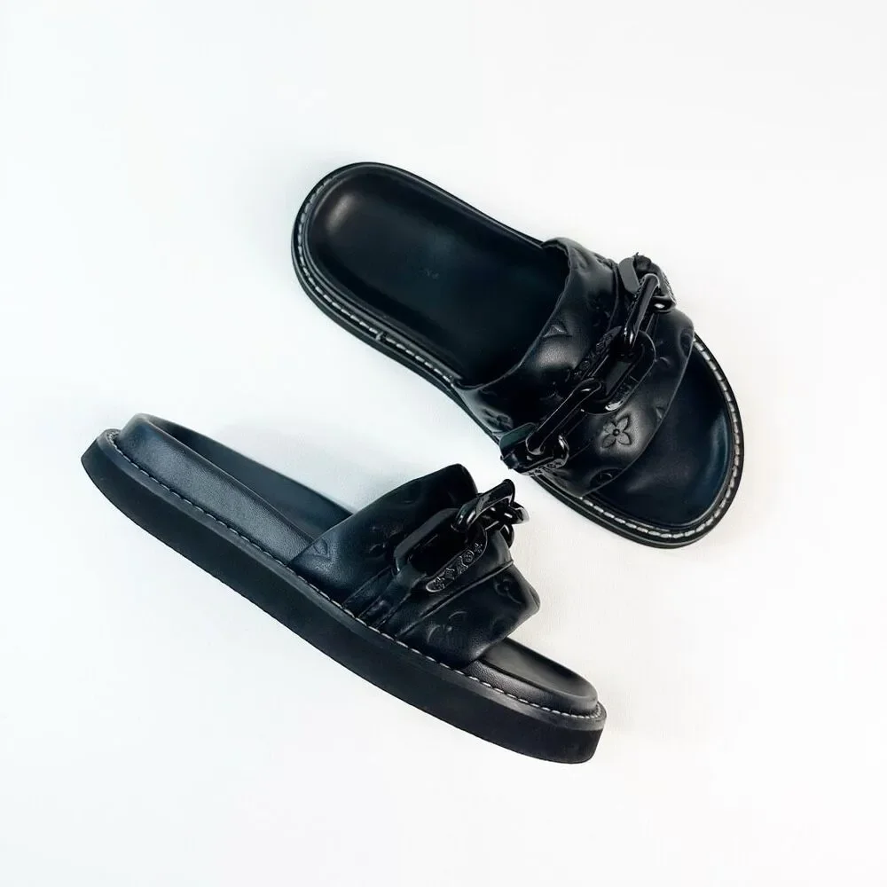 LOUIS VUITTON Sunset Flat Comfort Mule Slide Sandal Size 39 Black Monogram